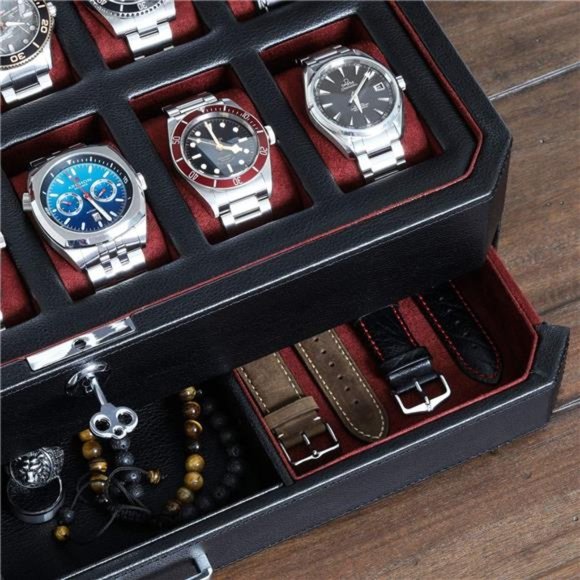 12 Slot Leather Watch Box with Valet Drawer - 12 Slot Luxury Watch Case Display - Picture 2 of 6